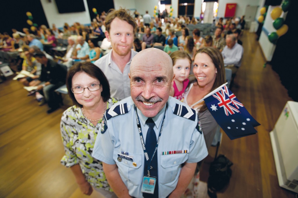 The shire’s 2014 Citizen of the Year, Leading Senior Constable Mick Mears, with his wife Janette, son Luke and his wife Tracey, and Mick’s granddaughter Macie. Picture: Yanni