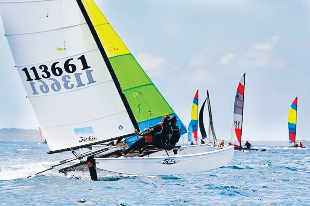 Michelle Bursa and Chelsea Haynes push their Hobie 16 catamaran Vitamin Sea to the limit on Western Port. The pair is off to the youth world championships in Portugal mid-year.