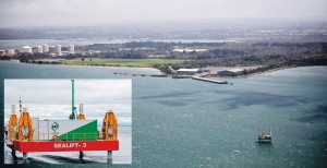 Survey points: Drilling sites on land and sea are shown in purple on a map produced by the Port of Hastings Development Authority, left; above, the drilling rig in place off the BlueScope jetty near Hastings.