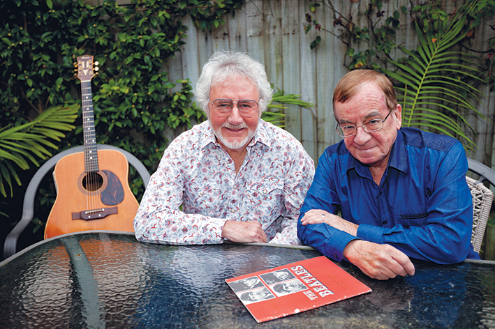 Magical tour: Musician John Chester and band manager/promoter Bruce Stewart recall their days spent half a century ago with The Beatles. Picture: Yanni. Inset, John Chester with the Fab Four.