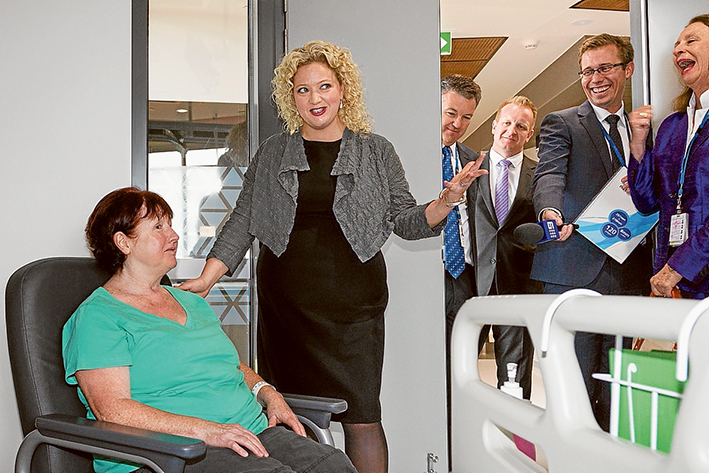 Doing the rounds: Patient Jeanette Murphy, left, Health Minister Jill Hennessy, Peninsula Health chief operating officer Brendon Gardner, Frankston Labor MP Paul Edbrooke, Channel 9 reporter Andrew Lund and Peninsula Health chairwoman Nancy Hogan at the official opening of Frankston Hospital’s new building. Picture: Gary Sissons