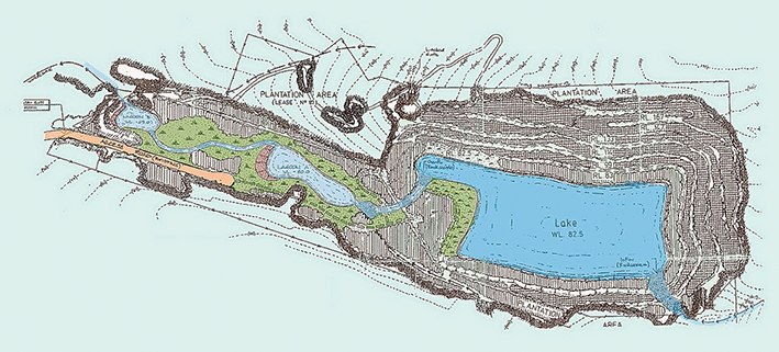 Future perfect: An artist’s impression of how the old Pioneer quarry could look after rehabilitation, a condition of the 1998 quarry permit. Sheepwash Creek would be restored to its original location at the bottom right-hand corner of the pit.