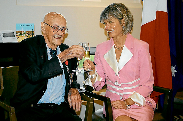 A la votre: Here’s cheers for Keith Stevens in April when presented with the Legion of Honour by the French Honorary Consul General, Myriam Boisbouvier-Wylie.