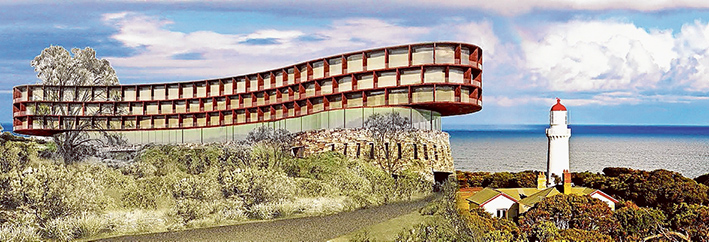 Upsized: The historic Cape Schanck lighthouse, built in 1859 and 21 metres high (69ft) was the tallest structure on the peninsula for many years but will be dwarfed by its precinct neighbour, the proposed RACV resort, as shown in this digitally altered image. Picture: Friends of Cape Schanck
