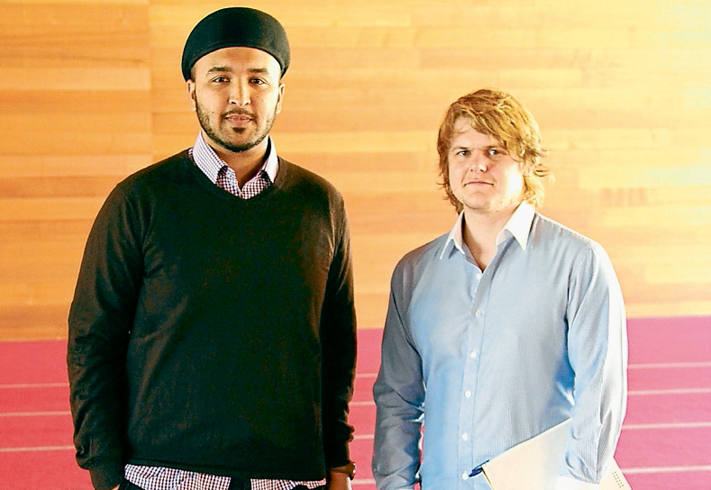 History lesson: Andrew Dixon, right, learnt much about long standing conflict among Muslim communities after interviewing Imam Syed Wadood Janud at the Ahmadiyya Muslim Association’s mosque at Langwarrin. Picture: Cameron McCullough