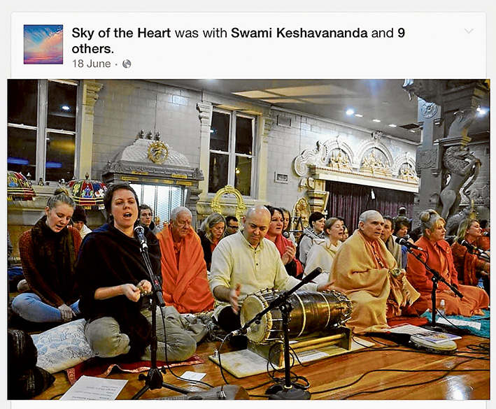 Temple sounds: Members of the Mt Eliza ashram, including leaders Russell Kruckman (also known as Swami Shankarananda and Swamiji) and Devi Ma were at the Shiva Vishnu temple in Carrum Downs in June for chanting and a performance by Melbourne-based “spiritual/world” band Sky of the Heart. Source: Facebook