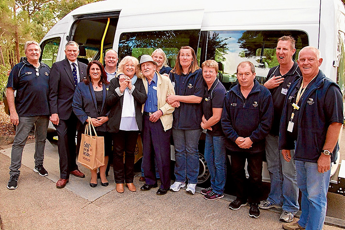 Birthday bus: Community support services coordinator John Gray, Crs David Gibb, Antonella Celi and David Garnock, mayor Bev Colomb with David Carr of Mornington, team leader of access and mobility transport Carol Hooper, and access and mobility transport assistants Janene Tresize, Wendy Lott, Peter Dixon, Jason Thomas and Michael West.