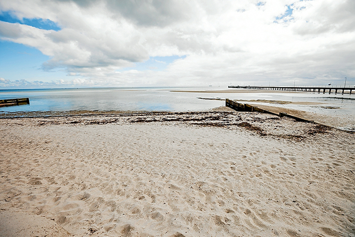 Sand, man: The state government’s environment department and the shire council are hoping the latest lot of sand placed on Rosebud beach near the pier will not be washed away like the last lot. Picture: Yanni