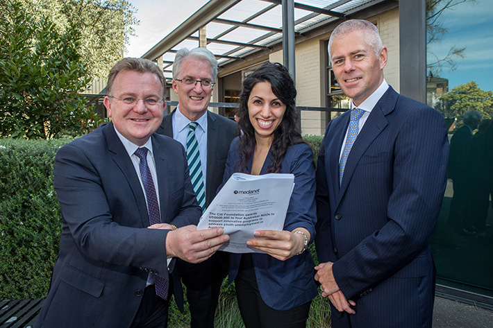 The way ahead: Small Business Minister and MP for Dunkley Bruce Billson at the launch of the Brotherhood of St Laurence’s Creating Futures for Youth program, with the brotherhood’s executive director Tony Nicholson, youth development worker Sali Shayia, and Citi Foundation’s Guy Matthews. Picture: Gary Sissons