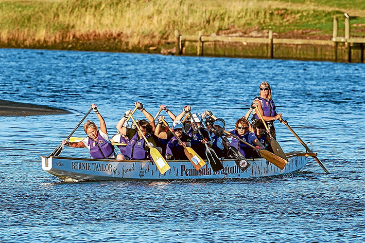Full paddle ahead: The Peninsula Dragonflys crew hit the water at Patterson River. Picture: Gary Sissons