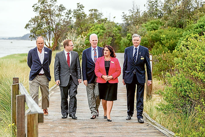 Funding for growth: Cr Graham Pittock, MPs Daniel Mulino and Martin Dixon, and Crs Antonella Celi and David Gibb on the Rosebud foreshore. Picture: Yanni