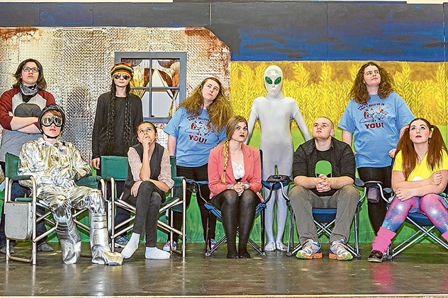 Looking up: Cast members of the sci fi play “What’s Above” during a dress rehersal at Hastings Hall. Picture: Gary Sissons