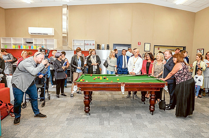 Down on The Corner: On Friday it was the turn of politicians and councillors to have a go with the recreational facilities at The Corner in Mornington. From now on it will be a place where youngsters can catch up with mates and find help if needed. Picture: Yanni