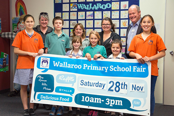 Fair-time fun: Pupils Taylor, Natham, Jess, Caitlin, Taylah, Jaelyn, (back): principal Nicky Fammartino, Deb Stargett, Brooke Hamilton, and Cr David Garnock get ready for the Wallaroo Primary School Fair, Saturday 28 November.