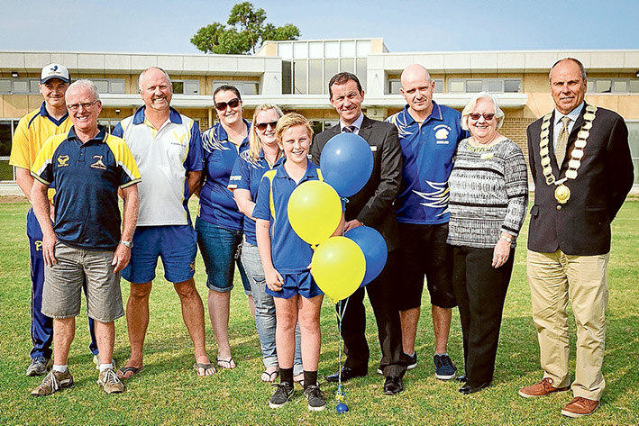 Now open: At the opening of the new Somerville Fruitgrowers Reserve pavilion are, from left, Mitch Bodley, Peter Alp, Peter Young, Alicia Fraser, Kirra Avis, Harry Rhodes, Carl Cowie, Pete Mantell, Lynn Bowden and Graham Pittock.