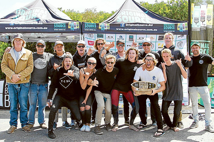 Winners in water: Members of the Peninsula Surfriders Club after their win at Phillip Island, front row from left, president Ben Hallam, Georgia Fish, captain Caiden Fowler, 2015 club champion Mikey Barber, Adam Morris and junior surfer Gully Eelhead; back row ,Mark Howey, senior men’s surfer Andrew Everist, junior reserve Jet Dickinson, Chris Fowler, Haden Forest, coach Lachlan Mc Donald, Ian Burns, Joel Wookey and vice-president Rob Hanley.
