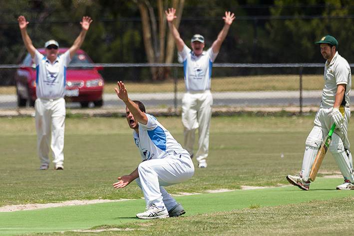 The final hurdle: Langwarrin appeal in their pre-finals win over Moorooduc. Saturday’s victory locks them in as finals contenders. Picture: Andrew Hurst