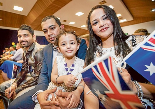 Akashdeep Singh, Amit Kumar, Harjit Kaur and Saanvi Kakkar were among 69 people granted Australian citizenship at a ceremony at Rosebud Memorial Hall by the mayor Cr Graham Pittock. Pictures: Yanni