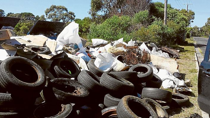 Thrown away: Saturday’s community clean-up at Crib Point unearthed tonnes of rubbish. These tyres will be taken to the tip.