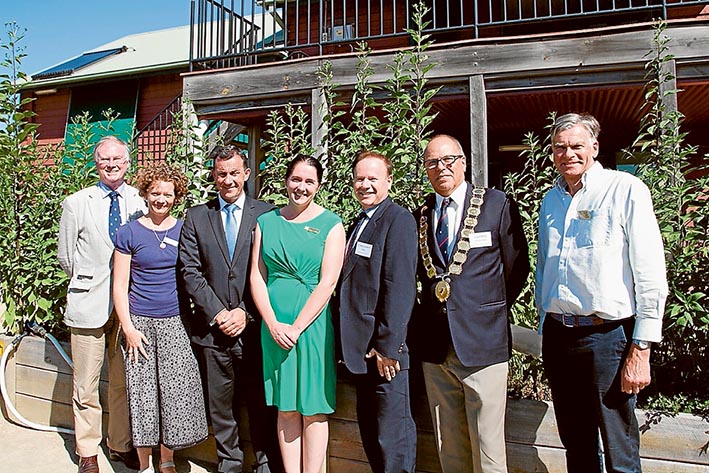 Climate ready: At the launch of the new climate change website at The Briars, Mt Martha, are Hugh Fraser, Kelly Crosthwaite, Carl Cowie, Tamsin Bearsley, James Long, Graham Pittock and David Gibb.