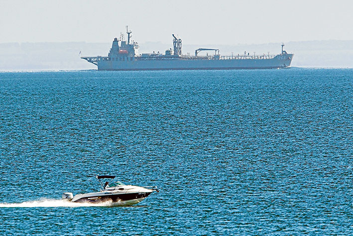 Ship ahoy: The navy supply vessel HMAS Sirius was anchored off Mt Martha last week to welcome aboard sailors from HMAS Cerberus on familiarisation tours. Picture: Gary Sissons