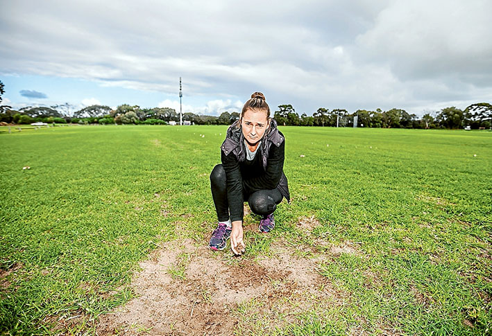 Upgrades a waste of money: Southern Peninsula Little Athletics Centre president Donna Nettlefold, left, shows examples of the damage – and calls for improvements. Picture: Yanni