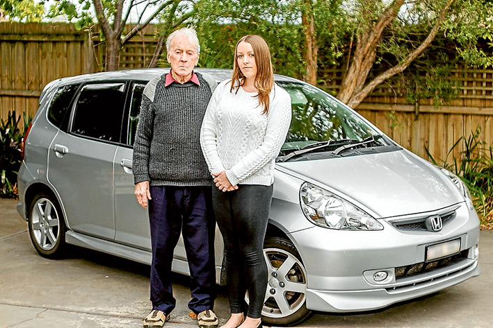 Hit and run: Geoff Greene, pictured with grand daughter Kirsten Baker, is lucky to be here after being struck from behind by an out-of-control vehicle. Picture: Yanni