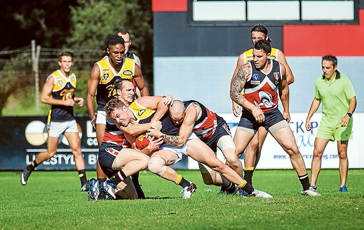 Shark net: Bonbeach couldn’t contain Frankston YCW who ran out 114 point winners. Picture: Andrew Hurst