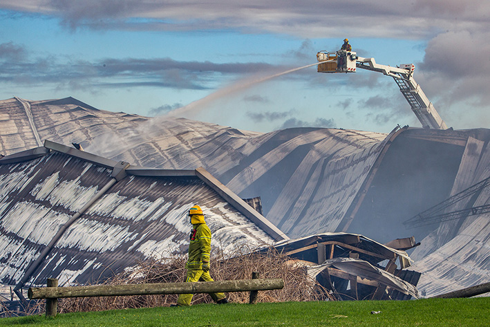 Somerville Stadium Fire -1st May 2016. Photo: CFA working around the Stadium.
