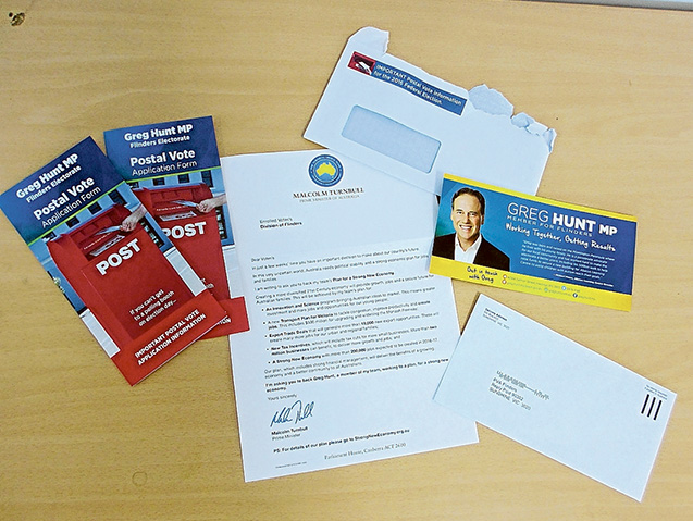 Going postal: Correspondence from Flinders Liberal MP Greg Hunt includes a postal vote application form that can be used to obtain personal information about voters for political party files.