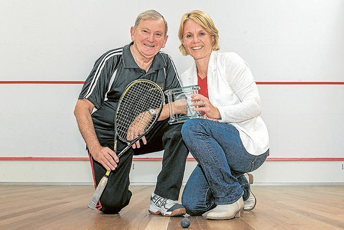Hall of fame: Squash champ Allen Minchinson with Squash and Racketball Victoria president Peta Murphy and his life membership award. Picture: Gary Sissons