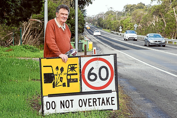 Under repair: Gordon Turner is angry at the state of the busy Frankston-Flinders Rd near the Baxter turnoff at Hawkins Rd. Picture: Gary Sissons