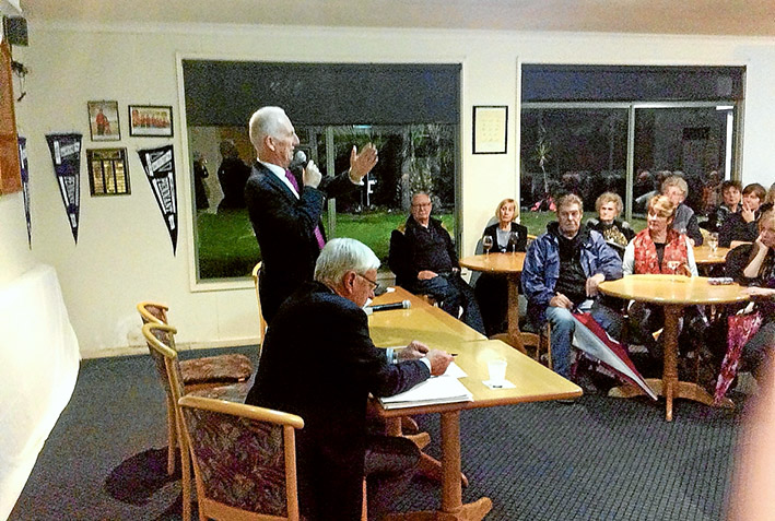 Quiet, please: Nepean MP Martin Dixon addresses a public meeting called to protest at noise coming from the Mornington Peninsula Freeway. Picture: Supplied