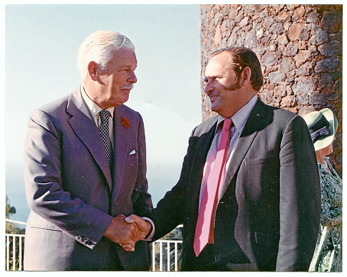 Peak moment: Ken Spunner, right, and the Governor of Victoria Sir Rohan Delacombe at Arthurs Seat in March 1974 for the bicentenary of explorer Matthew Flinders’ birth. Flinders landed at Dromana in 1802 and scaled Arthurs Seat during his circumnavigation of Australia. Picture supplied