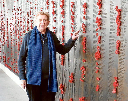 Coming ‘home’: Peter Munro by the Rolls of Honour at the Australian War Memorial Canberra. The 188 panels contain the names of 61,000 Australian Soldiers killed in WWI. Among the names are the 13 Sorrento soldiers who served, including William Brumby, top, and Albert Hibbert.