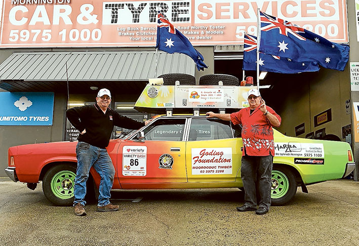 Ready to roll: Variety Club Big Bash competitors John Mackie, left, and John Crossin, prepare for another eventful journey in their Car 86.