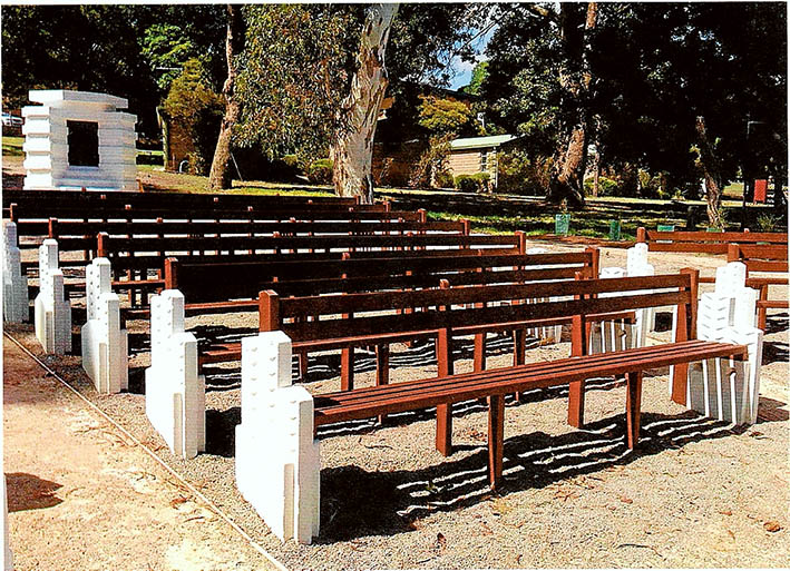 Award wins: top, Camp Manyung’s restored outdoor Charles Crosby Memorial Chapel, YMCA Camp, Mt Eliza; above, Heronswood’s restored section of lime mortar to the exterior stone walls; left, Peter Munro beside the Rolls of Honour at the Australian War Memorial, Canberra, including the names of the three “Sorrento Boys”.