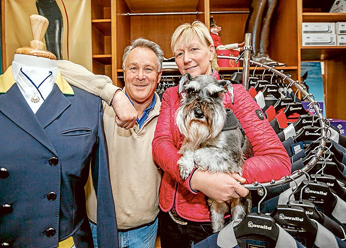Dressed to compete: Peter and Caroline Wagner with “Little Pete”. Their saddlery business outfitted the Australian equestrian team at the Rio Olympics. Picture: Yanni