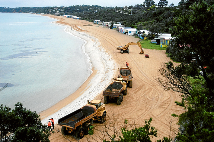 Sands of time: In April 2010 tonnes of sand were trucked along the beach from Mt Martha South to the severly eroded Mt Martha North. Mornington Peninsula Shire and the state government are about to spend $55,000 on another study into the best ways of managing and protecting the area. Picture: Keith Platt