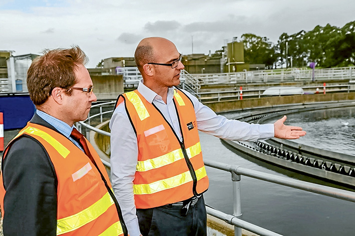 Grand tour: Maarten Van Herk, manager, sustainable water and treatment projects, South East Water, right, shows Eastern Victoria Daniel Mulino MP, over the plant.