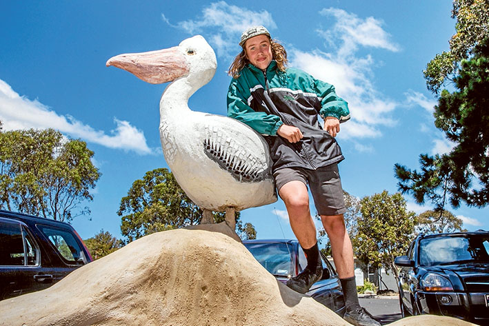 Ponder the Pelican perches on a wall created by Declan and other Western Port Secondary College students. Picture: Gary Sissons